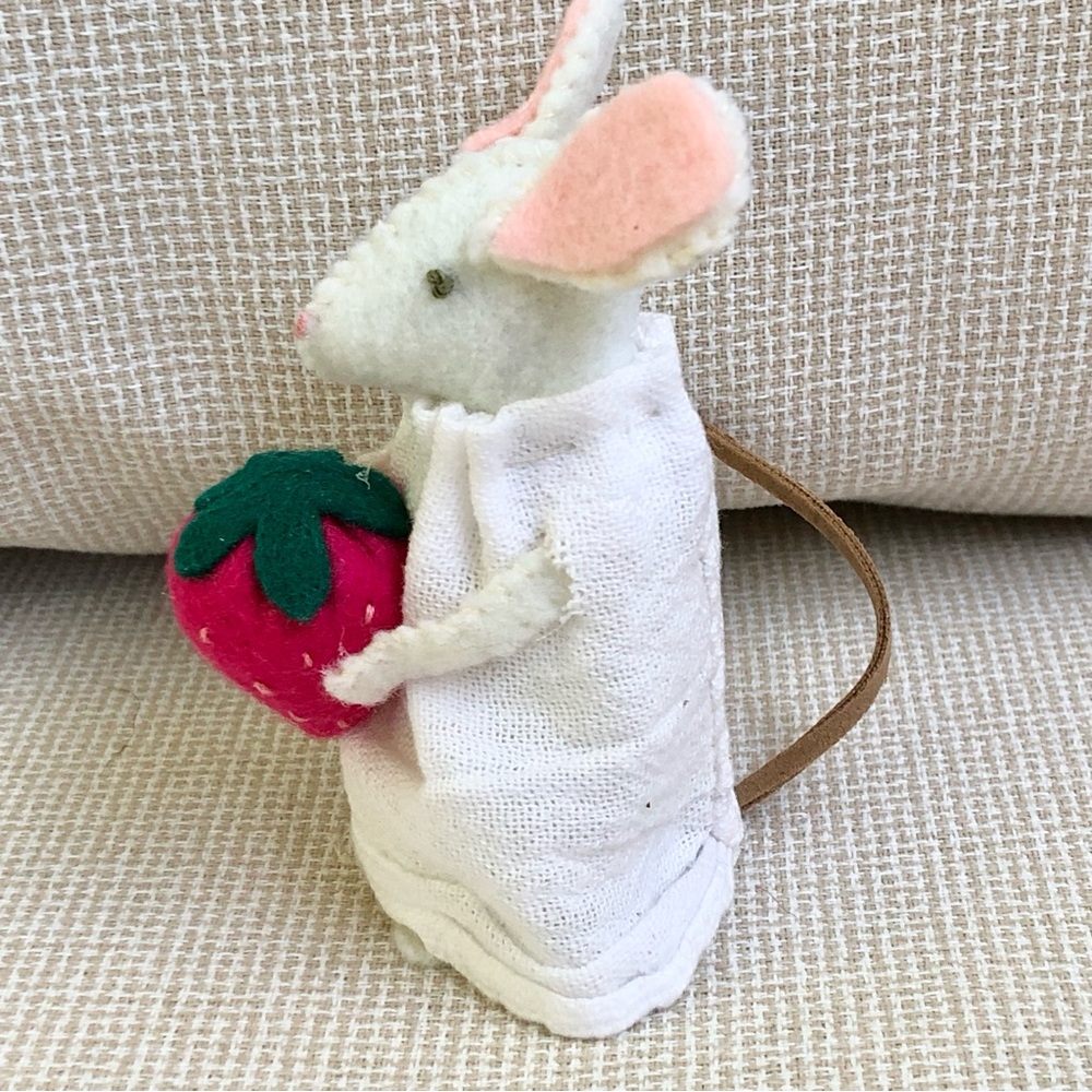 Cottage Felt Mouse Art Doll Holding a  Strawberry hand-sewn handmade
